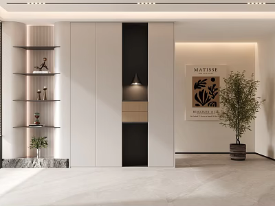 Modern Entryway Hallway Design With White Black Cabinets Decorative Shelves Artwork And Potted Plant 3d model