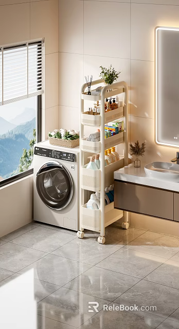 Bathroom Storage Shelf Holding Toiletries Basket Washing Machine by Sink with Natural Light Mountain View 3d model 