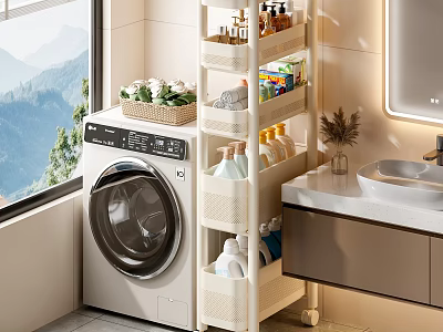 Bathroom Storage Shelf Holding Toiletries Basket Washing Machine by Sink with Natural Light Mountain View 3d model
