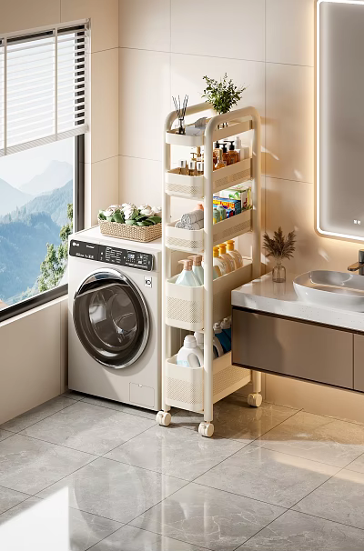 Bathroom Storage Shelf Holding Toiletries Basket Washing Machine by Sink with Natural Light Mountain View 3d model