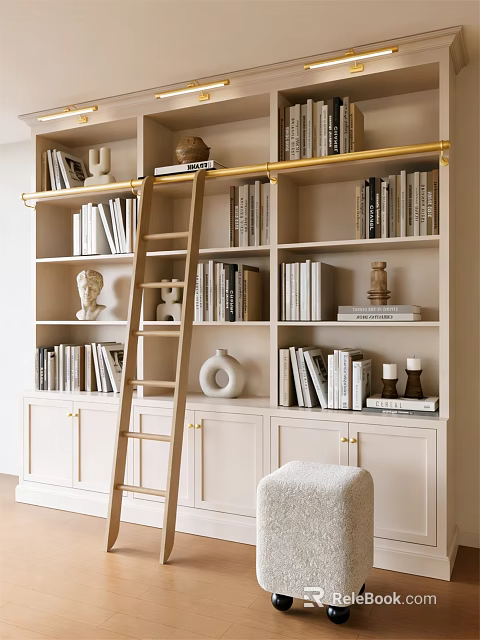 Elegant Bookshelf Filled With Books Decorative Items Ladder And White Cabinets With Gold Handles 3d model 