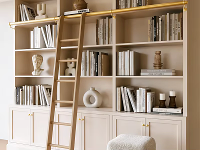 Elegant Bookshelf Filled With Books Decorative Items Ladder And White Cabinets With Gold Handles 3d model