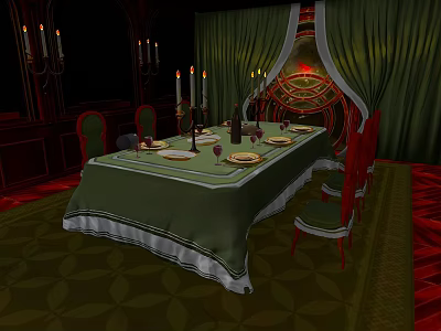 Long Dining Table With Green Tablecloth White Trim Red Chairs Tableware Candle Holders Green Curtains 3d model