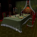 Long Dining Table With Green Tablecloth White Trim Red Chairs Tableware Candle Holders Green Curtains