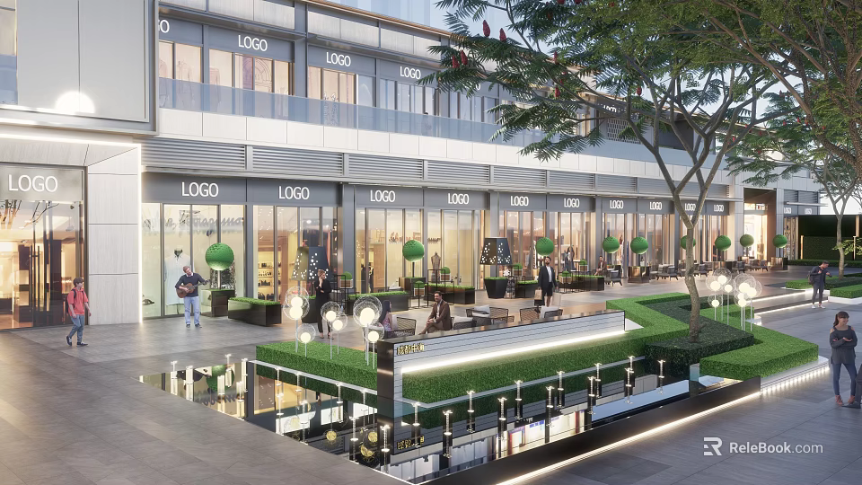 Modern Commercial District Landscape With Storefronts Outdoor Seating Greenery And Pedestrian Area 3d model 