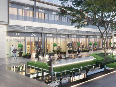 Modern Commercial District Landscape With Storefronts Outdoor Seating Greenery And Pedestrian Area 3d model