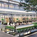 Modern Commercial District Landscape With Storefronts Outdoor Seating Greenery And Pedestrian Area