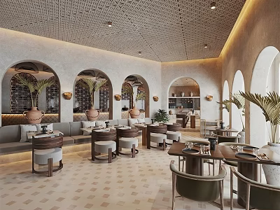 Elegant Restaurant Interior With Arched Doorways Beige Design Palm Plants Round Tables And Sofa Seats 3d model