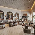 Elegant Restaurant Interior With Arched Doorways Beige Design Palm Plants Round Tables And Sofa Seats