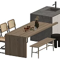 Modern Wooden Dining Table Set With Wicker Back Chairs Bench And Stone Island Counter