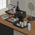Stylish Perfume And Cosmetics Display On Wooden Table With Storage Rack And Mirror