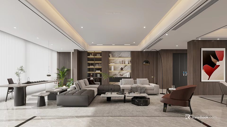 Modern Living Dining Room Interior With Comfortable Sofa Coffee Table And Bookshelf Decor 3d model