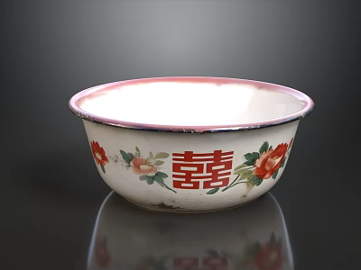White Vegetable Washing Basin With Pink Rim Red Double Happiness Symbol And Floral Patterns 3d model