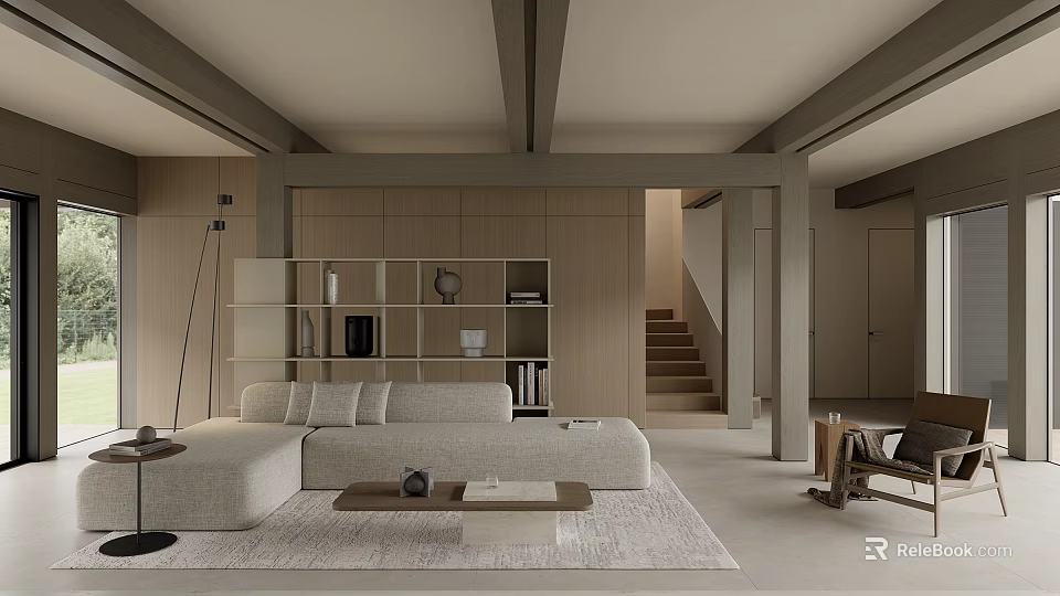 Modern Duplex Living Room Interior With Beige Sofa Wooden Bookshelf Staircase And Carpet 3d model 
