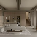 Modern Duplex Living Room Interior With Beige Sofa Wooden Bookshelf Staircase And Carpet