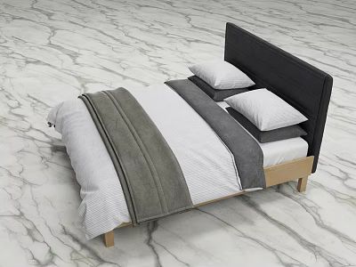 Modern Double Bed With Black Headboard Wooden Frame And White Grey Bedding 3d model
