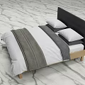 Modern Double Bed With Black Headboard Wooden Frame And White Grey Bedding