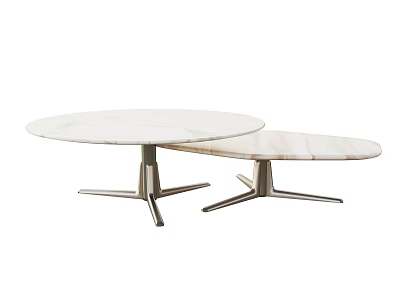 Two Round Coffee Tables With White Marble Texture And Modern Metal Crossed Bases 3d model