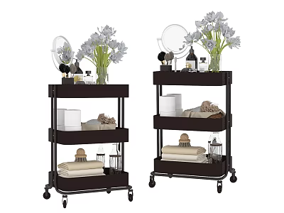 Practical Multi Tiered Shelving Units With Wheels Vases Flowers Mirrors Towels And Storage Boxes 3d model