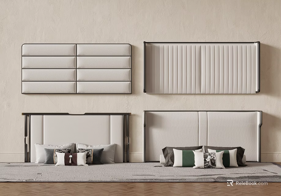 Modern Minimalist Bed Background Wall Designs With Upholstered Panels And Decorative Pillows 3d model 