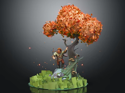 Game Film Character Standing Under Orange Leaved Tree With Green Grassy Area And Glowing Particles 3d model