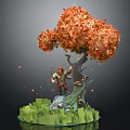 Game Film Character Standing Under Orange Leaved Tree With Green Grassy Area And Glowing Particles