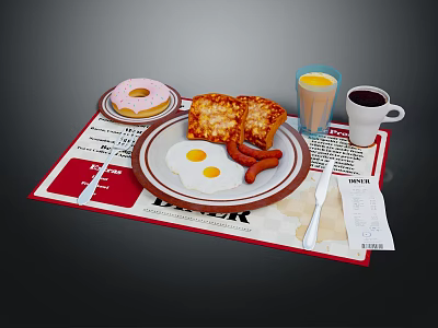 Delicious Breakfast Spread With Donut Toast Fried Eggs Sausages Orange Juice Coffee And Newspaper Mat 3d model