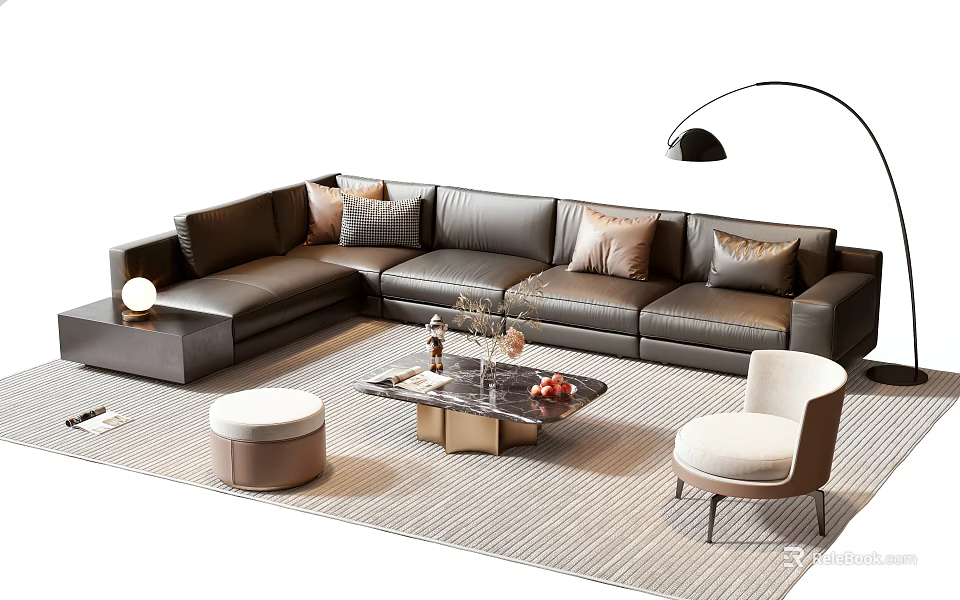 Modern Brown Leather L shaped Sofa Coffee Table Set with Marble Top and Accent Chair 3d model 
