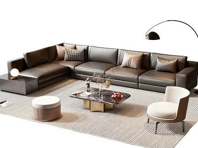 Modern Brown Leather L shaped Sofa Coffee Table Set with Marble Top and Accent Chair 3d model