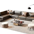 Modern Brown Leather L shaped Sofa Coffee Table Set with Marble Top and Accent Chair