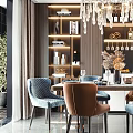 Modern Dining Table Set With Blue And Brown Chairs Chandelier Wine Rack And Display Cabinets