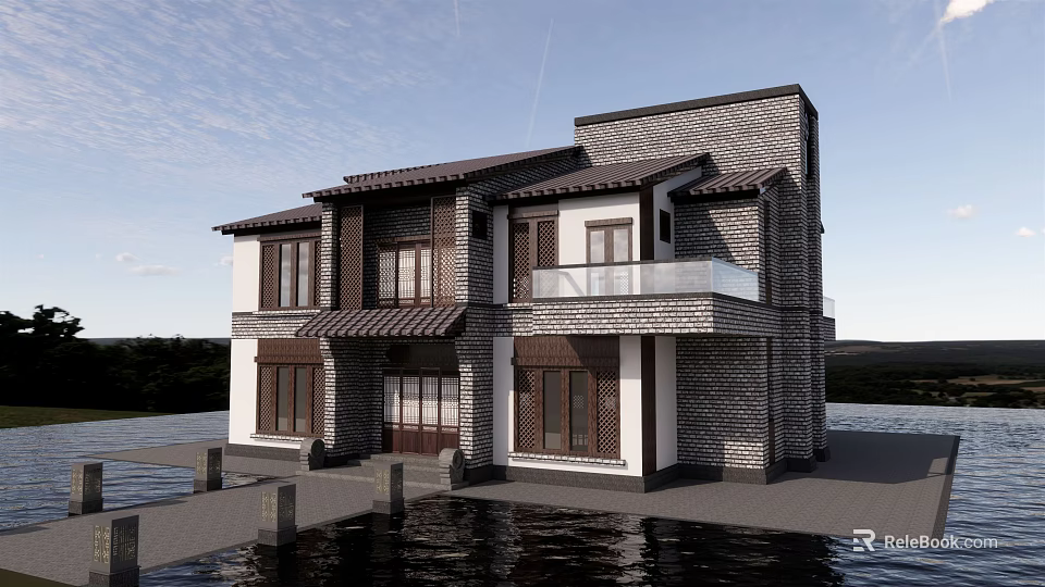 Traditional Chinese Style Two Story Waterfront House With Wooden Windows Balcony And Dock 3d model 