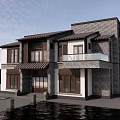 Traditional Chinese Style Two Story Waterfront House With Wooden Windows Balcony And Dock