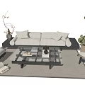 Light Sofa And Black Glass Coffee Table Set With Armchair Rug And Potted Plants