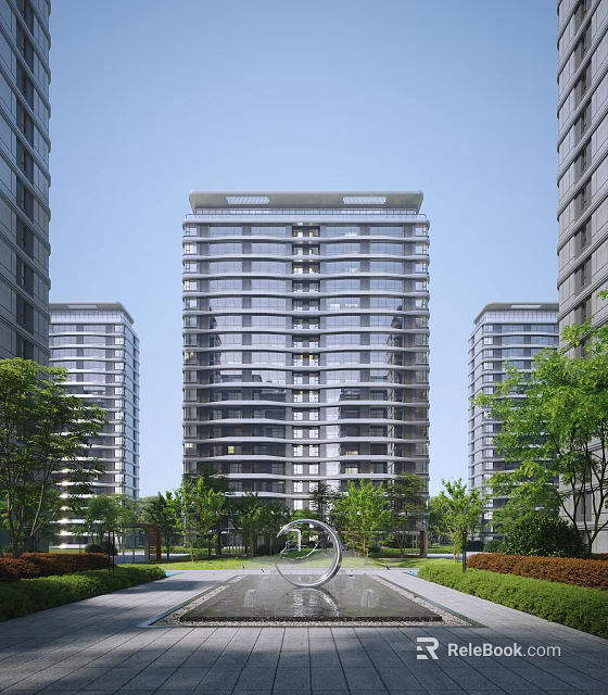 Modern High Rise Residential Building Surrounded By Greenery Trees Lawn And Sculpture 3d model 
