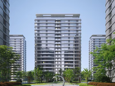 Modern High Rise Residential Building Surrounded By Greenery Trees Lawn And Sculpture 3d model