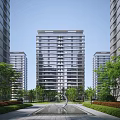 Modern High Rise Residential Building Surrounded By Greenery Trees Lawn And Sculpture