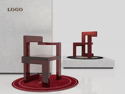 Modern Red Single Chair With Geometric Frame On Red Carpet And Gray Wall Background 3d model