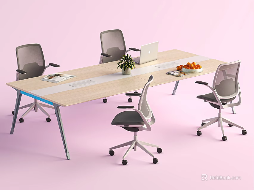 Modern Office Desk Setup With Ergonomic Chairs Laptop Potted Plant And Fruit Tray 3d model 