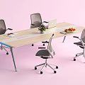 Modern Office Desk Setup With Ergonomic Chairs Laptop Potted Plant And Fruit Tray