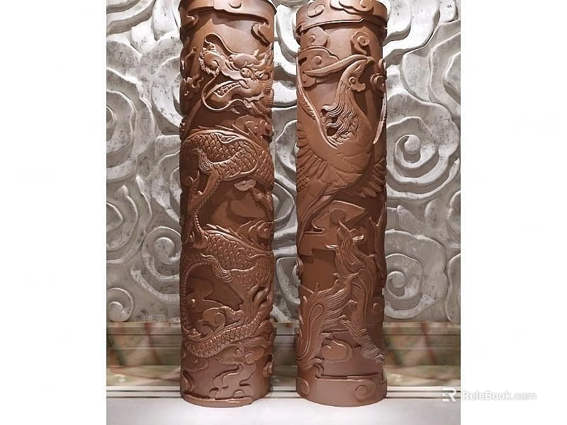 Ornate Brown Carved Columns With Dragon And Phoenix Motifs On Floral Background 3d model 