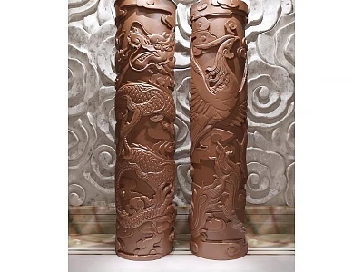 Ornate Brown Carved Columns With Dragon And Phoenix Motifs On Floral Background 3d model