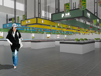 Spacious Supermarket Interior with Shopper Walking Fresh Produce Stalls Colorful Hanging Signs and Decorations 3d model