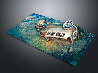 Abandoned Rusted Car With Broken Windows Tires And Stones On Dirt Ground 3d model