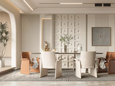 Elegant Modern Restaurant Interior With Dining Table Chairs Potted Plant And Decorative Artwork 3d model