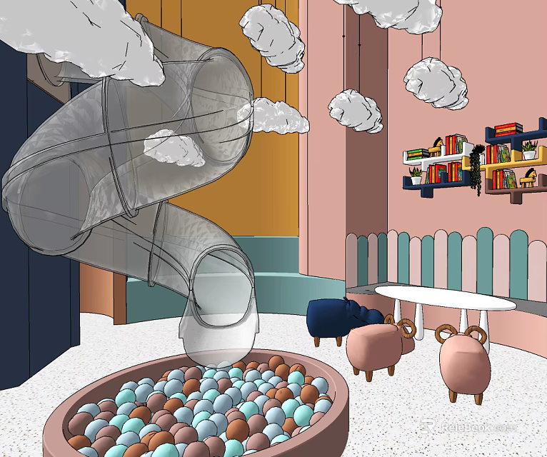 Kids Play Area With Spiral Slide Ball Pit Cloud Decorations Bookshelves And Sheep Seats 3d model 
