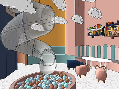Kids Play Area With Spiral Slide Ball Pit Cloud Decorations Bookshelves And Sheep Seats 3d model