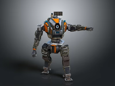 Orange And Black Armored Robot With Circular Camera Extended Arm And Mechanical Design 3d model
