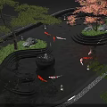 Garden Water Fountain With Koi Fish Red Maple Tree Green Pine Tree And Fire Bowls