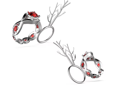Silver Rings With Red Gemstones And Delicate Branch Inspired Design Details 3d model